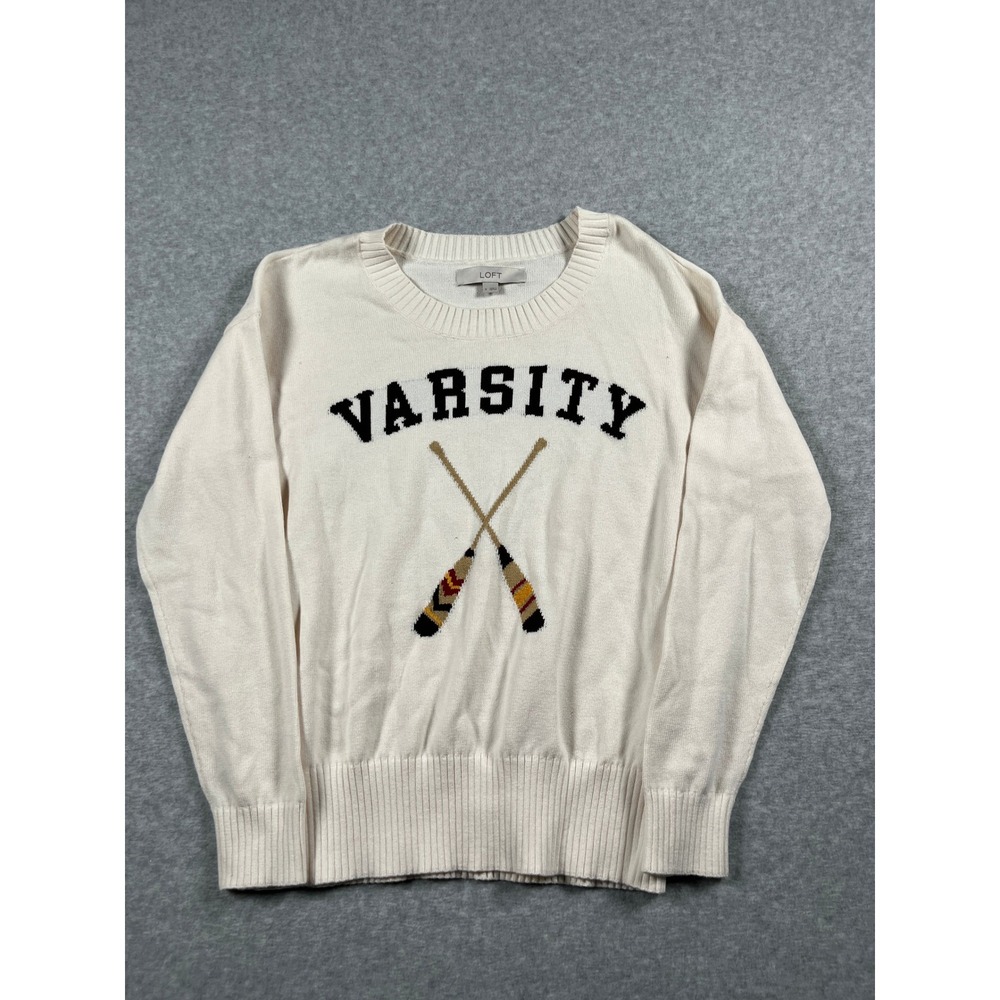 LOFT Sweater Women S Ivory Varsity Collegiate Light Academia Old Money Preppy